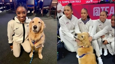 La historia de Beacon, el perro que acompaña al equipo de gimnasia de Estados Unidos